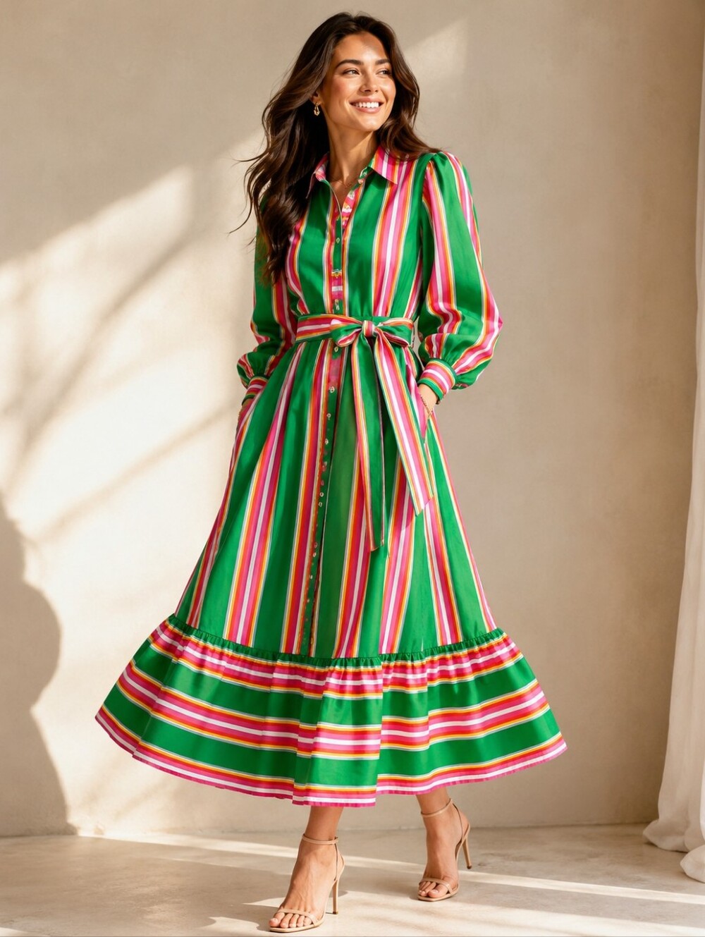 Boden Astrid Green Multicolor Stripe Midi Shirt Dress Size US 10R